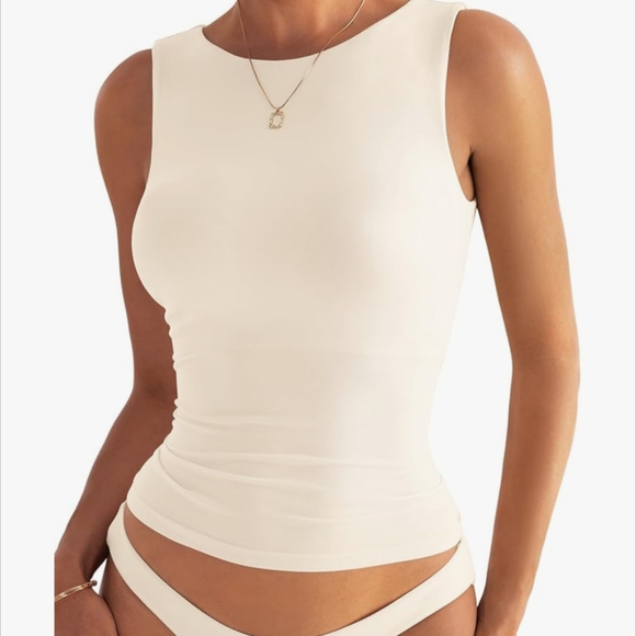 🔥🔥Beige/Cream Boat Neck Tank Top * Sleeveless * Seamless * Double-layered - Picture 1 of 6